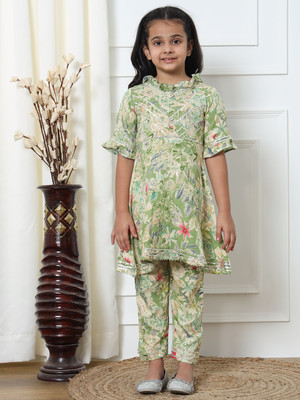 Readiprint Fashions Girls Festive & Party Kurta and Pyjama Set(Green Pack of 1)