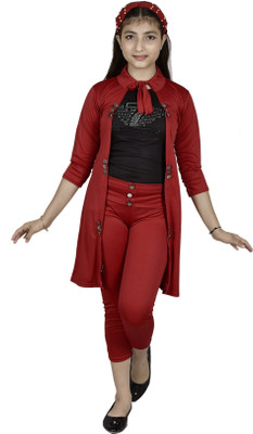 MYKUKI Girls Festive & Party Blazer and Pant Set(Maroon Pack of 1)
