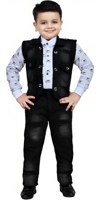 Go Berry Boys Festive & Party Shirt, Waistcoat and Pant Set(Black Pack of 1)