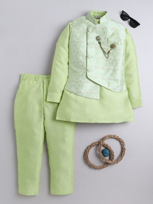BT DEZINES Boys Festive & Party, Wedding Kurta, Waistcoat and Pyjama Set(Light Green Pack of 1)