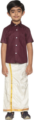 Sethukrishna Boys Festive & Party Shirt & Dhoti Set(Maroon Pack of 1)