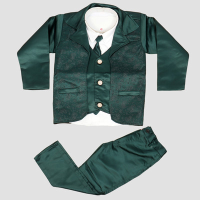 vkreation Boys Festive & Party Blazer, Shirt and Trouser Set(Dark Green Pack of 1)