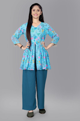 misha enterprise Girls Casual Kurta and Palazzo Set(Blue Pack of 1)