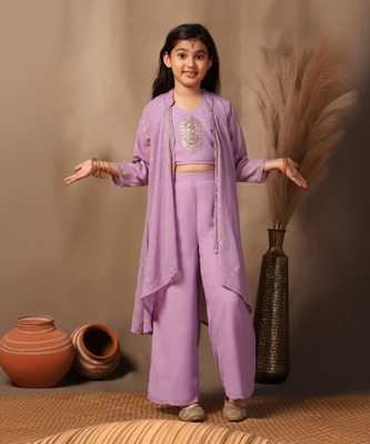 Fashion Dream Girls Festive & Party Ethnic Jacket, Blouse and Palazzo Set(Purple Pack of 1)