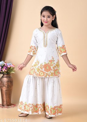 DRESSESDREAM Girls Casual Kurta and Pyjama Set(White Pack of 1)