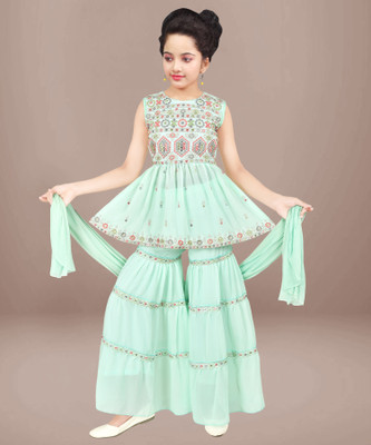 Sevgi Girls Festive & Party Kurta, Pyjama & Dupatta Set(Light Blue Pack of 1)