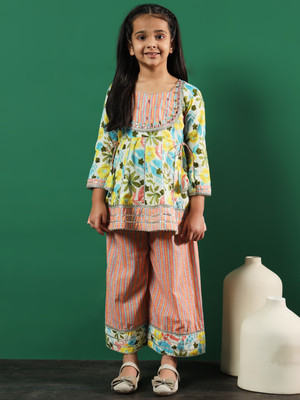 Readiprint Fashions Girls Festive & Party Kurta and Palazzo Set(Orange Pack of 1)