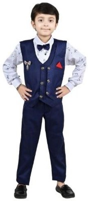 Prabhuratan Boys Festive & Party, Wedding Shirt, Waistcoat and Pant Set(Dark Blue Pack of 1)