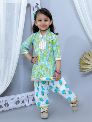 Junitos Girls Festive & Party Kurta and Patiala Set(Blue Pack of 1)