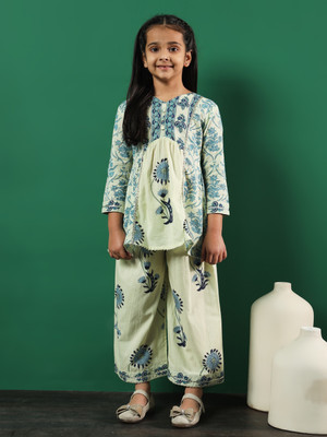 Readiprint Fashions Girls Festive & Party Kurta and Palazzo Set(Green Pack of 1)