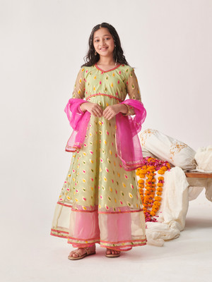 Pspeaches Girls Festive & Party Kurta, Pyjama & Dupatta Set(Green Pack of 1)