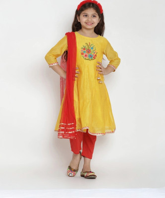 JYOTI EXPORT Girls Festive & Party Kurta and Trouser Set(Yellow Pack of 1)