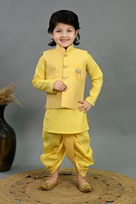 BT DEZINES Boys Festive & Party, Wedding Kurta, Waistcoat and Dhoti Pant Set(Yellow Pack of 1)