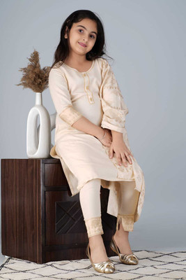 Itemzon Girls Festive & Party, Casual Kurta, Pyjama & Dupatta Set(Beige Pack of 1)