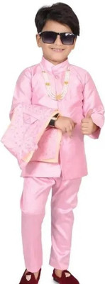 RamkiShop Baby Boys Formal Kurta, Waistcoat and Pyjama Set(Pink Pack of 1)
