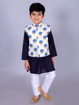 FabJunior Baby Boys Festive & Party Kurta, Waistcoat and Pyjama Set(Dark Blue Pack of 1)