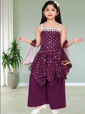 FMSE Girls Festive & Party Kurta, Pyjama & Dupatta Set(Purple Pack of 1)