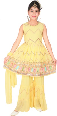 Robecult Girls Festive & Party, Wedding Kurta and Palazzo Set(Yellow Pack of 1)