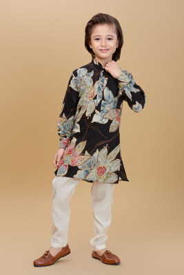 Mini Stitch Boys Festive & Party Kurta and Pyjama Set(Black Pack of 1)
