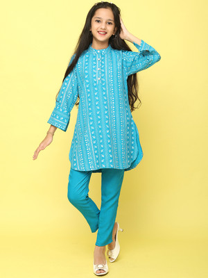 Tasrika Girls Festive & Party Kurta and Pyjama Set(Blue Pack of 1)