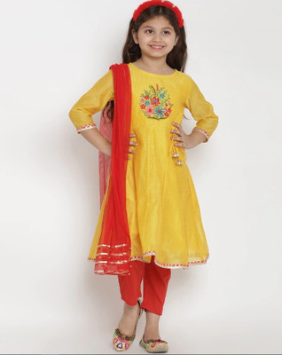 JYOTI EXPORT Girls Festive & Party Kurta and Trouser Set(Yellow Pack of 1)
