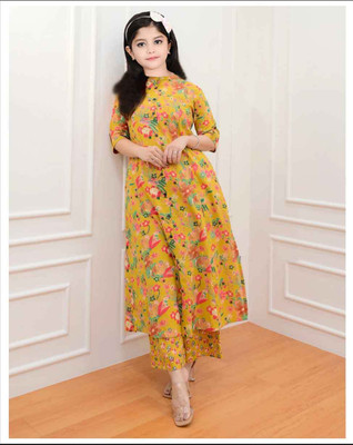 Vetrokart Girls Wedding, Festive & Party Kurta and Pyjama Set(Yellow Pack of 1)
