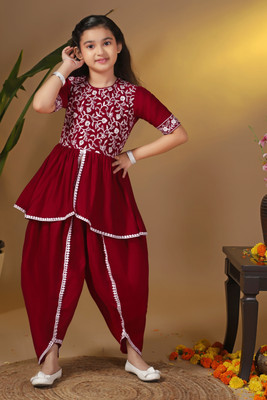 Tasrika Girls Festive & Party Kurta and Palazzo Set(Maroon Pack of 1)