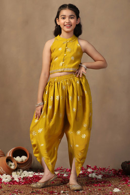 Fashion Dream Girls Festive & Party Kurta and Dhoti Pant Set(Yellow Pack of 1)