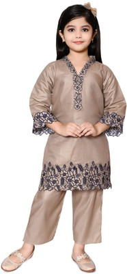 Mselimdresses Girls Festive & Party Kurta and Palazzo Set(Brown Pack of 1)
