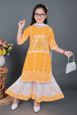 Tanvi Fashoin Girls Wedding Kurta and Sharara Set(Yellow Pack of 1)