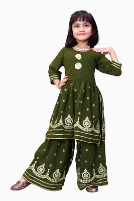 ALMS TRENDZ Baby Girls Festive & Party Kurta and Palazzo Set(Green Pack of 1)