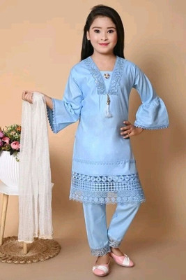 Shiidal Girls Casual, Festive & Party Kurta, Pyjama & Dupatta Set(Light Blue Pack of 1)