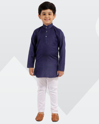 Fourfolds Boys Casual Kurta and Pyjama Set(Blue Pack of 1)