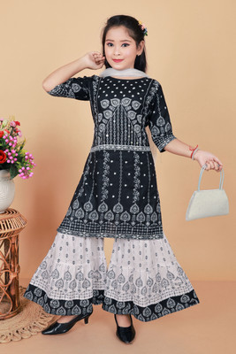 Tanvi Fashoin Girls Wedding Kurta and Sharara Set(Black Pack of 1)