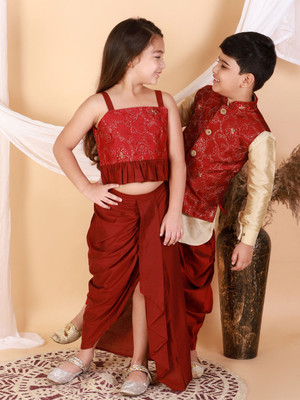 VASTRAMAY Boys Casual Ethnic Jacket, Kurta and Dhoti Pant Set(Maroon Pack of 1)