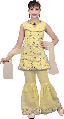 HouseOfCommon Girls Festive & Party Kurta, Pyjama & Dupatta Set(Yellow Pack of 1)