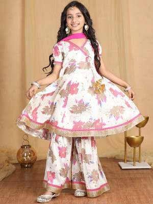 CUTIEKINS Girls Festive & Party Angarkha and Sharara Set(White Pack of 1)