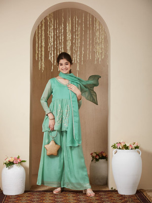 Curly Tales Girls Festive & Party Kurta and Dupatta Set(Green Pack of 1)