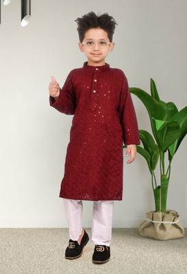 ZARTAJ Boys Festive & Party Kurta and Pyjama Set(Maroon Pack of 1)