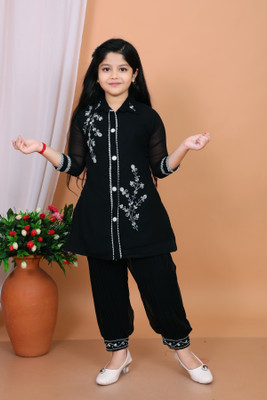 KajolGarments Girls Festive & Party Kurta and Patiala Set(Black Pack of 1)