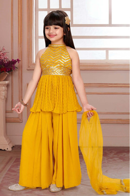 Shree Maruti Enterprise Girls Casual, Festive & Party, Wedding Kurta and Palazzo Set(Yellow Pack of 3)