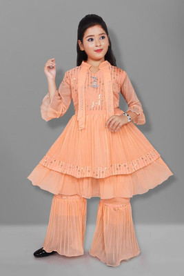 SAINAGARMENTS Girls Festive & Party, Wedding Kurta and Sharara Set(Orange Pack of 1)