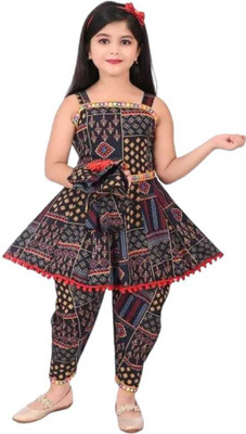 Mudhgal Creation Baby Girls Festive & Party Kurta, Waistcoat and Dhoti Pant Set(Black Pack of 1)