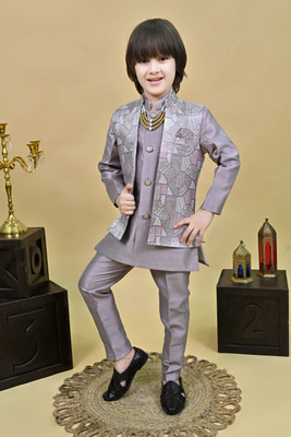 AHHAAAA Boys Festive & Party Kurta, Waistcoat and Breeches Set(Purple Pack of 1)
