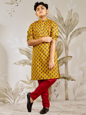 VASTRAMAY Boys Festive & Party Kurta and Pyjama Set(Yellow Pack of 1)