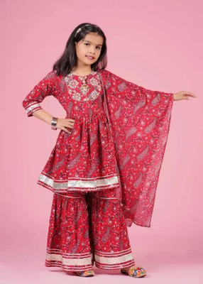 KDM FASHION Girls Festive & Party Kurta and Sharara Set(Red Pack of 1)