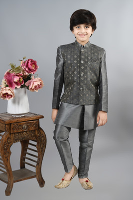 AHHAAAA Boys Festive & Party Kurta, Waistcoat and Breeches Set(Grey Pack of 1)