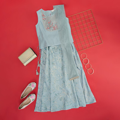 Akkriti by Pantaloons Girls Festive & Party Top and Skirt Set(Blue Pack of 2)