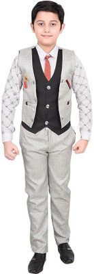 REYANSH HOSIERY Boys Festive & Party, Wedding Shirt, Waistcoat and Pant Set(Grey Pack of 1)