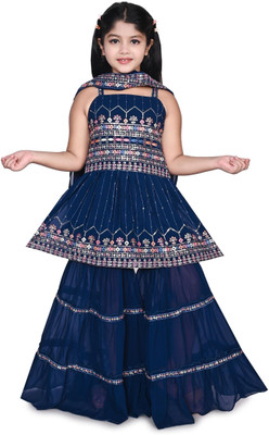DIGILINE Girls Festive & Party Kurta and Sharara Set(Blue Pack of 1)